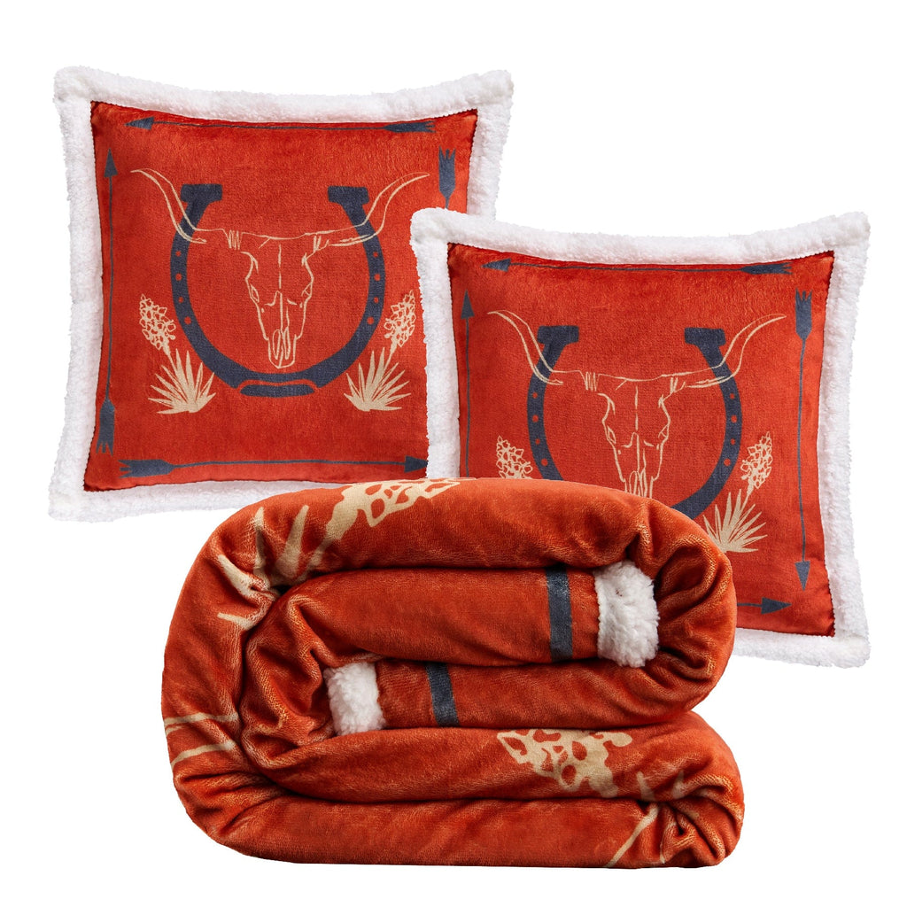 Marfa Campfire Sherpa Throw Throw Set: Horseshoe Pillows Throw