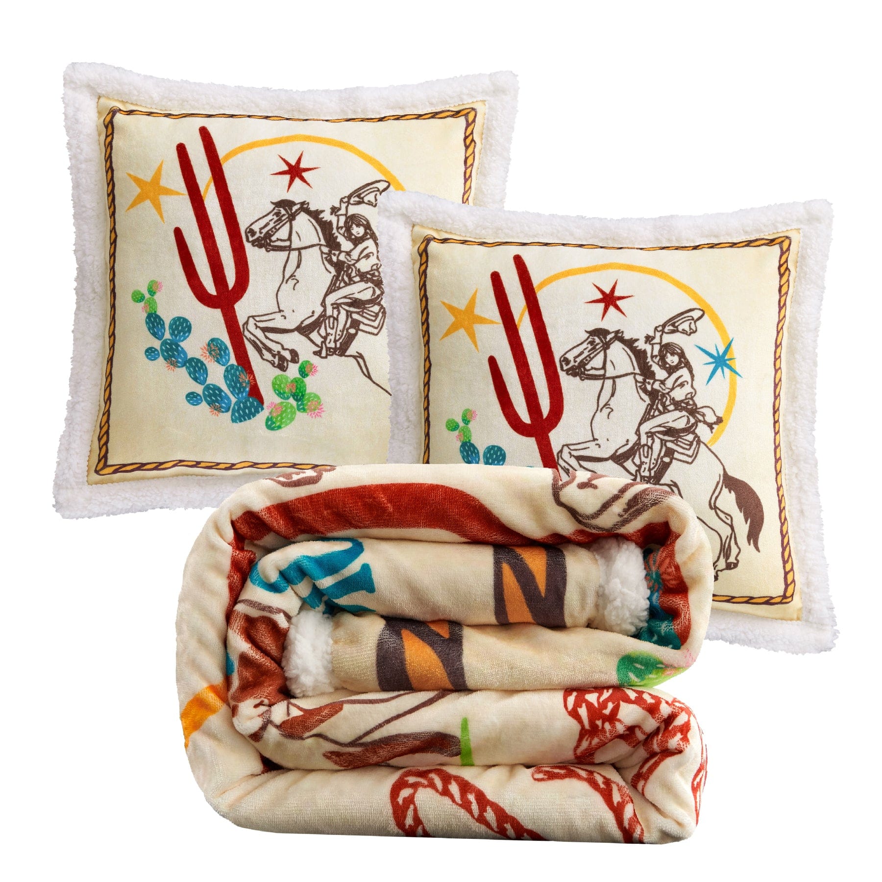 Western Adventure Campfire Sherpa Throw Throw Set: Rider's Salute Pillows Throw