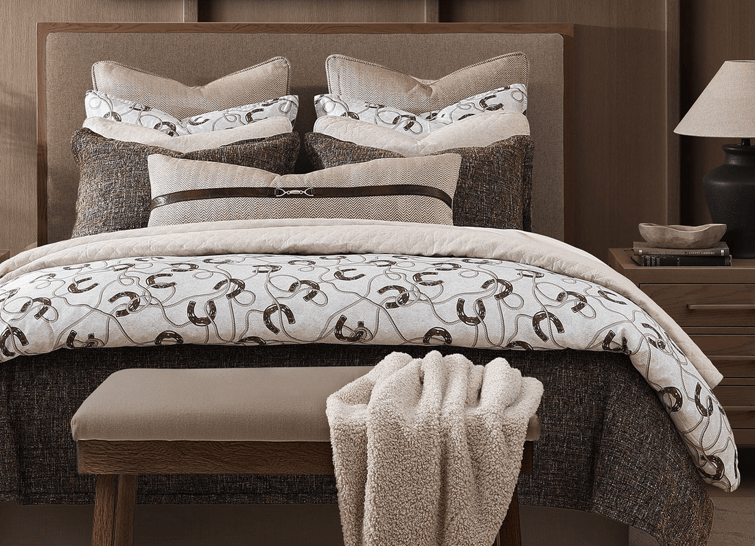 Pierre Equestrian bedding styled in a warm neutral bedroom