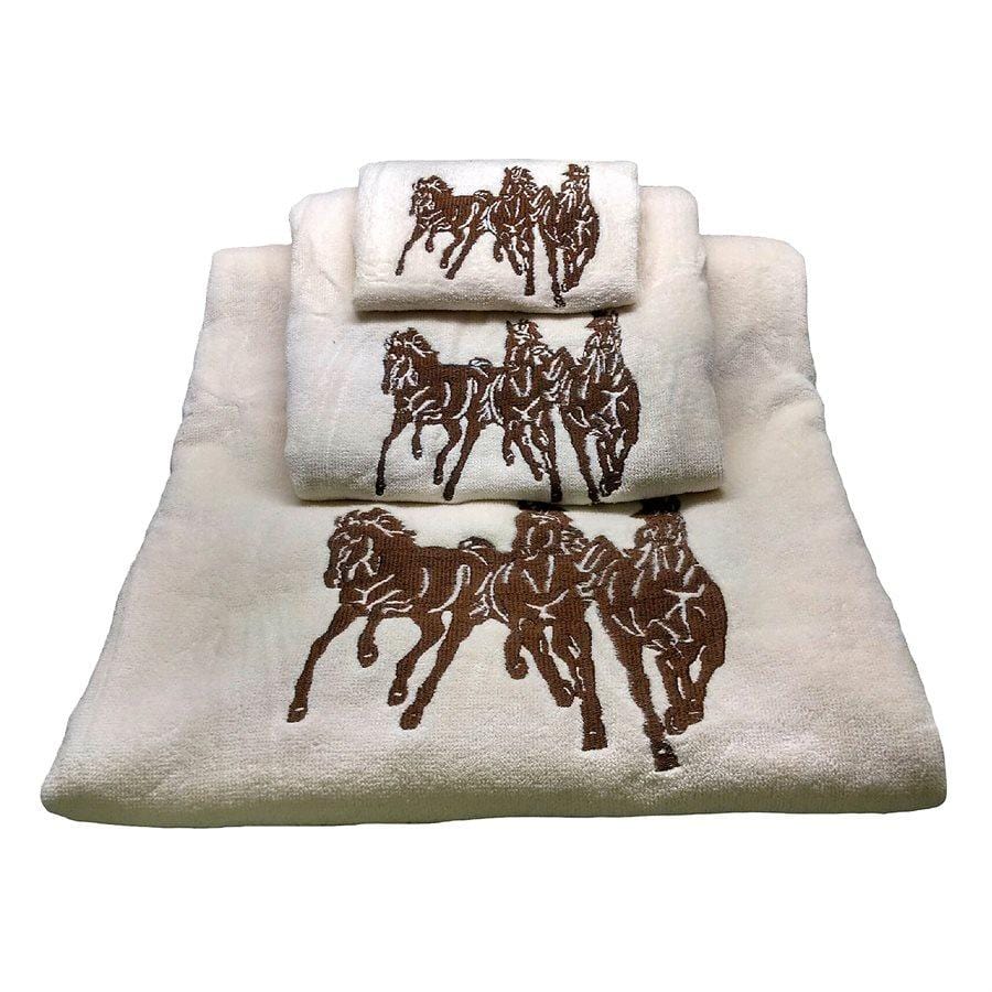 3 PC 3-Horse Embroidered Towel Set, Cream Bath Towel