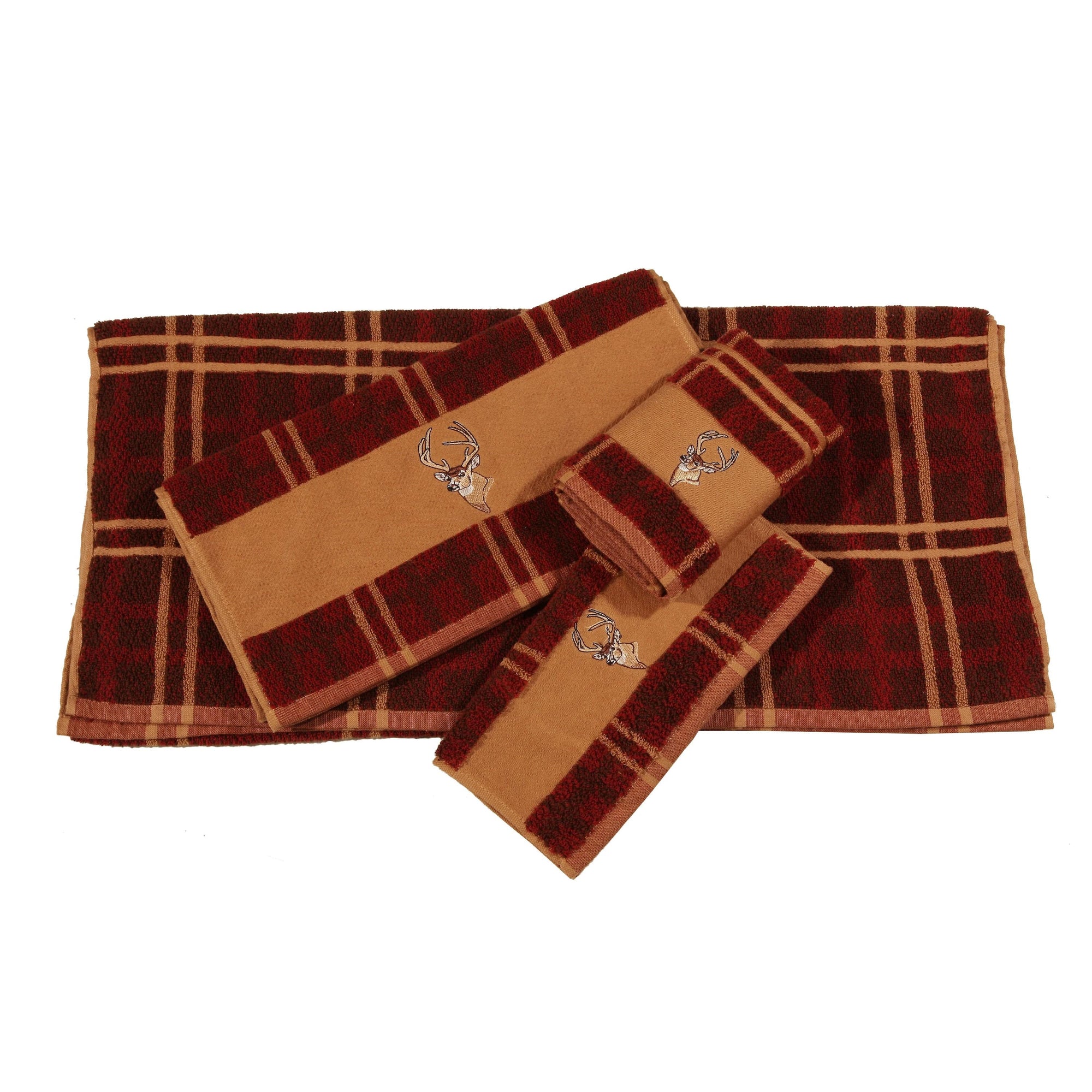 3 PC Deer Embroidered Towel Set, Plaid Bath Towel