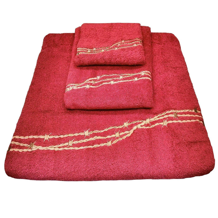 Embroidered Barbwire 3PC Towel Set Red Bath Towel