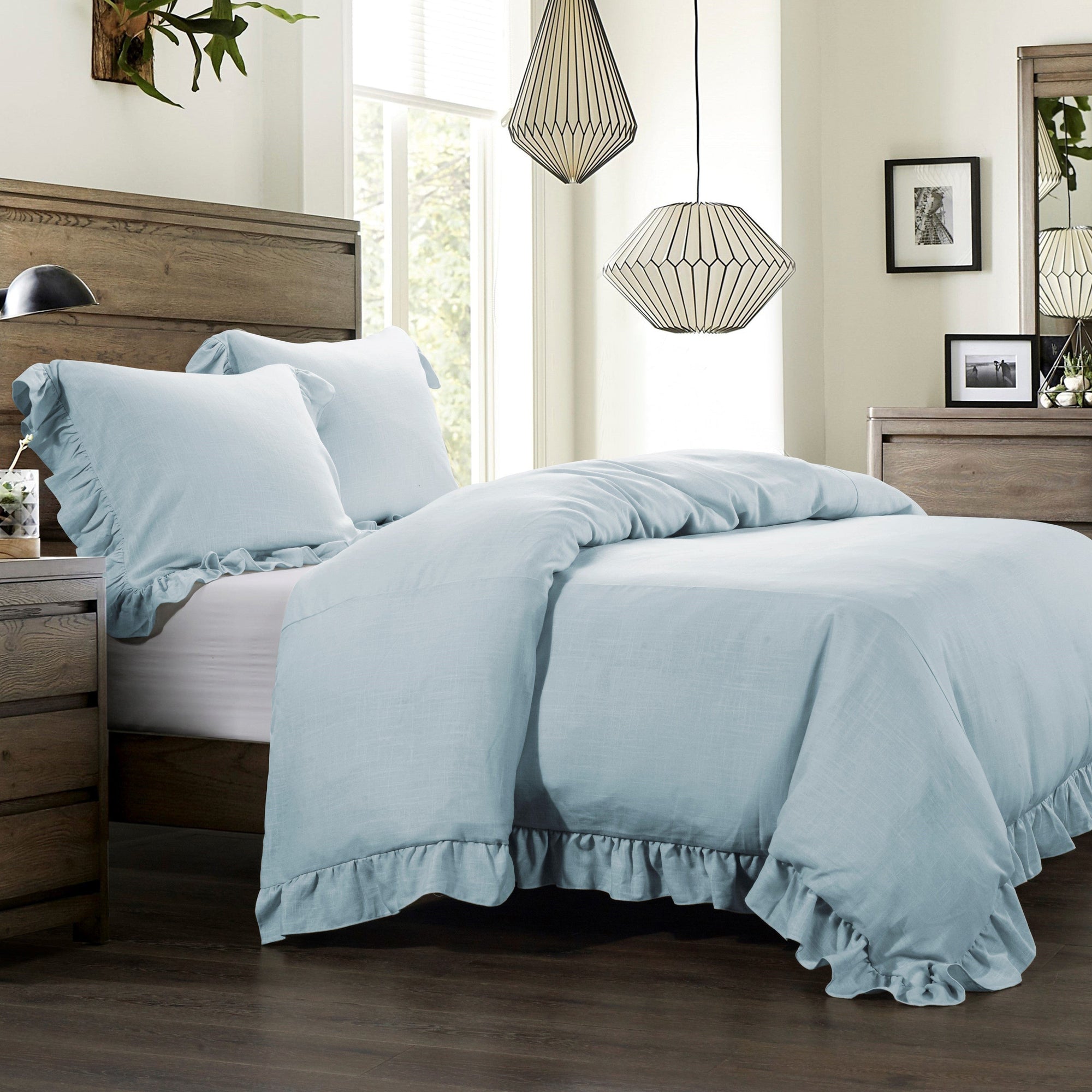 Lily Washed Linen Ruffled Bedding Set Comforter Set / Super Queen / Light Blue Comforter / Duvet Cover