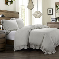 Lily Washed Linen Ruffled Bedding Set Comforter Set / Super Queen / Light Gray Comforter / Duvet Cover