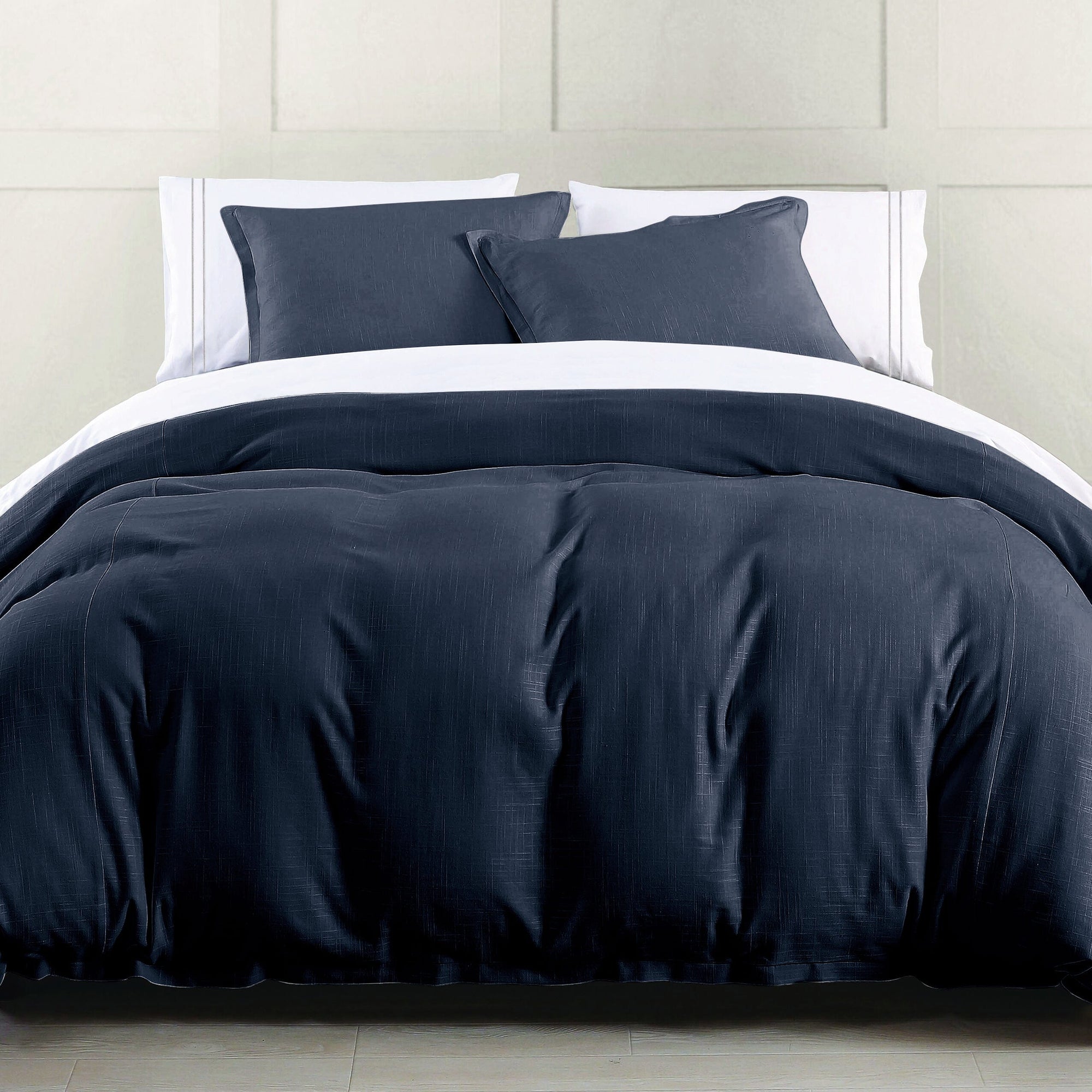 Hera Washed Linen Flange Bedding Set Comforter Set / Super Queen / Navy Comforter / Duvet Cover