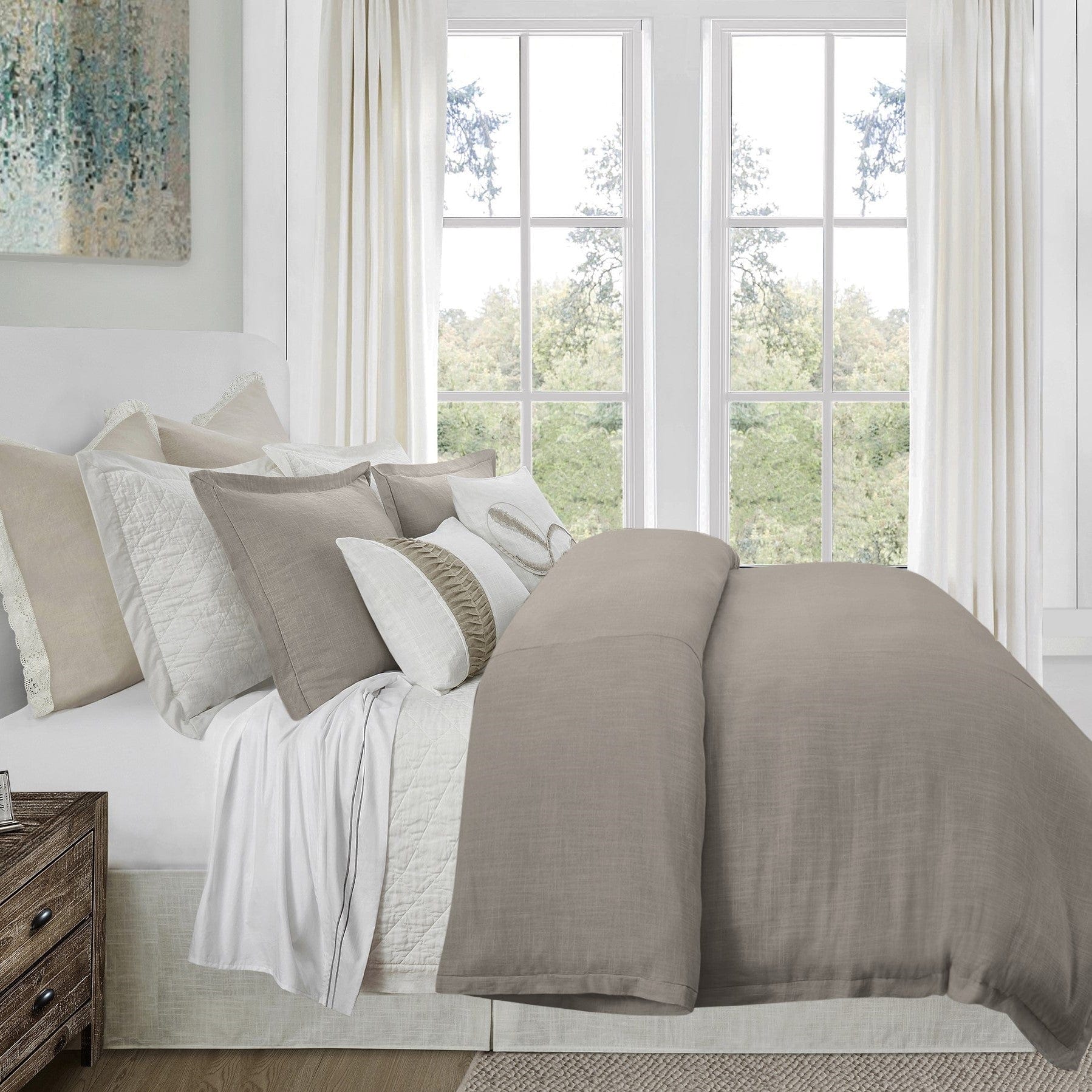 Hera Washed Linen Flange Bedding Set Comforter Set / Super Queen / Taupe Comforter / Duvet Cover