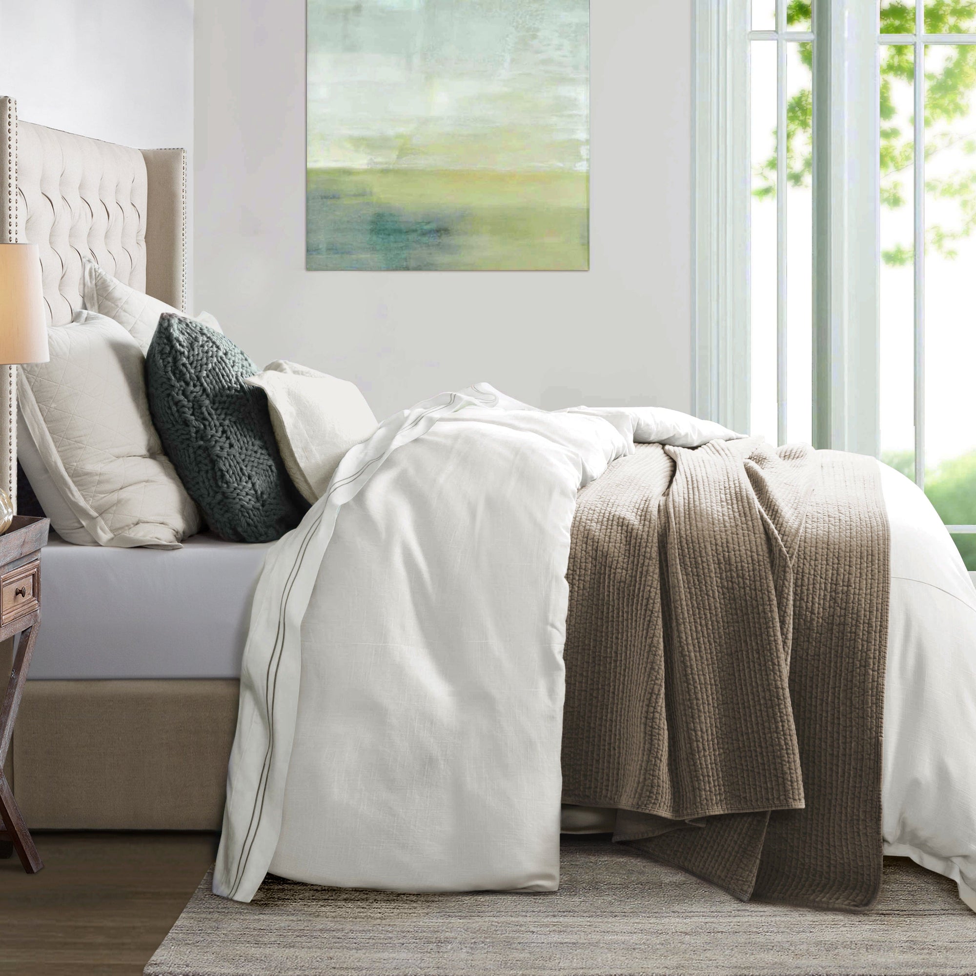 Hera Washed Linen Flange Bedding Set Comforter Set / Super Queen / White Comforter / Duvet Cover