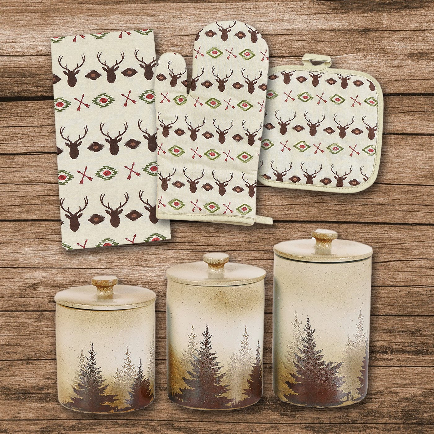 Aztec Multi Deer Print and Clearwater Pines 13 PC Set Kitchen Lifestyle