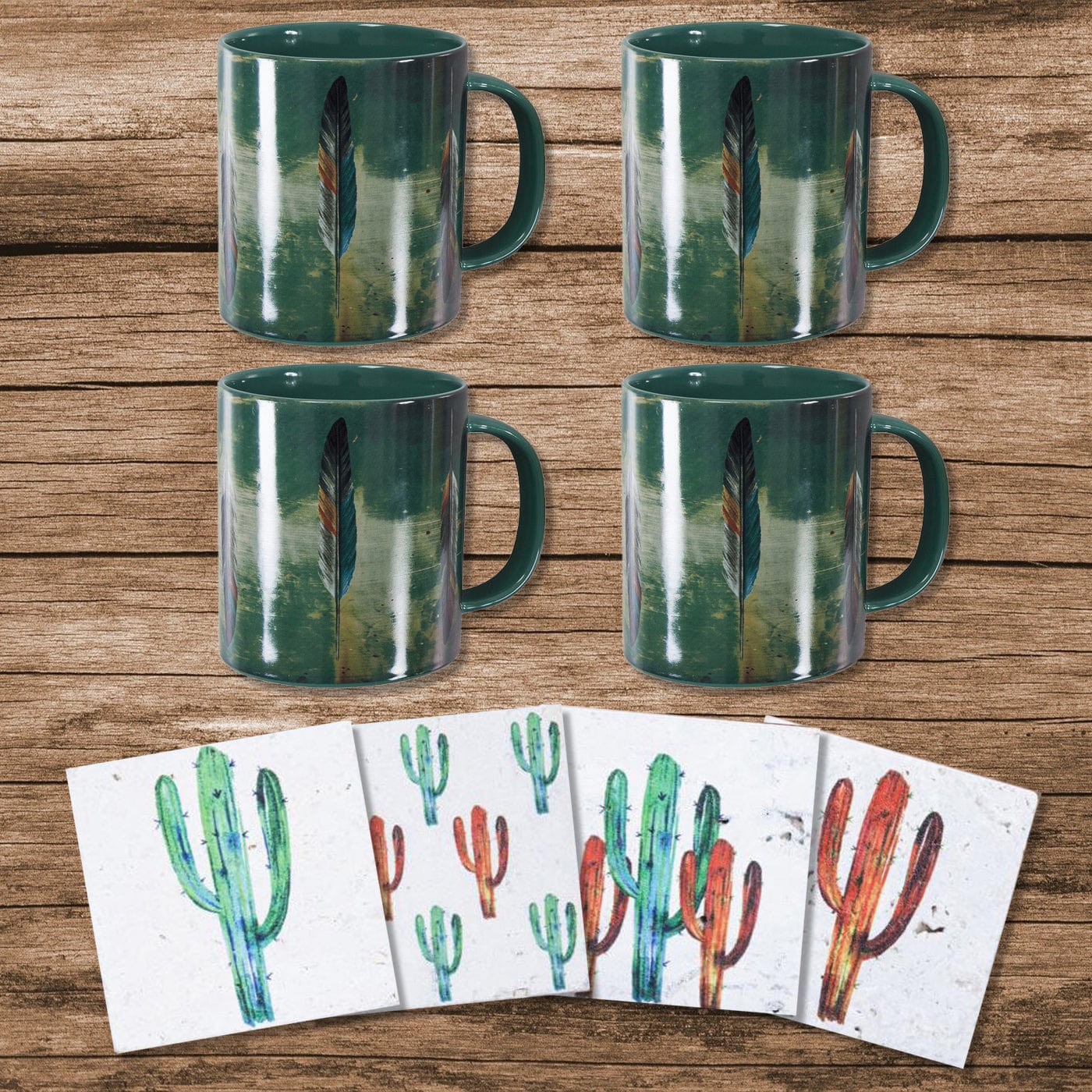 Tossed Feather Mug and Saguaro Cactus Coaster 8PC Set Kitchen Lifestyle