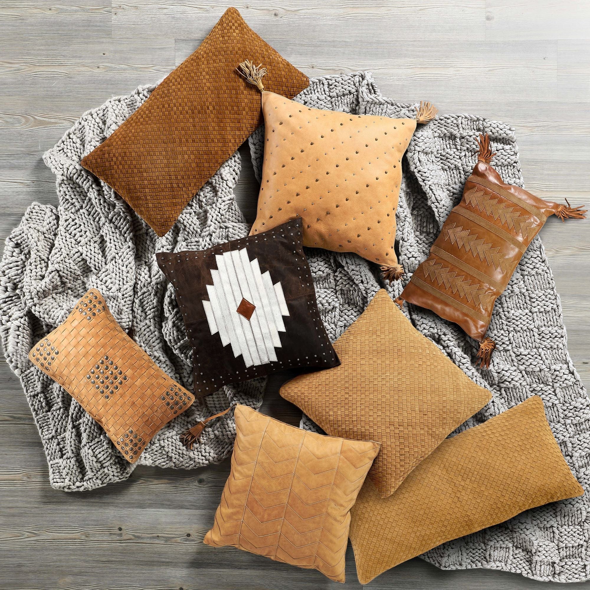 Chevron Genuine Leather Tassel Throw Pillow, 20x20 Leather Pillow