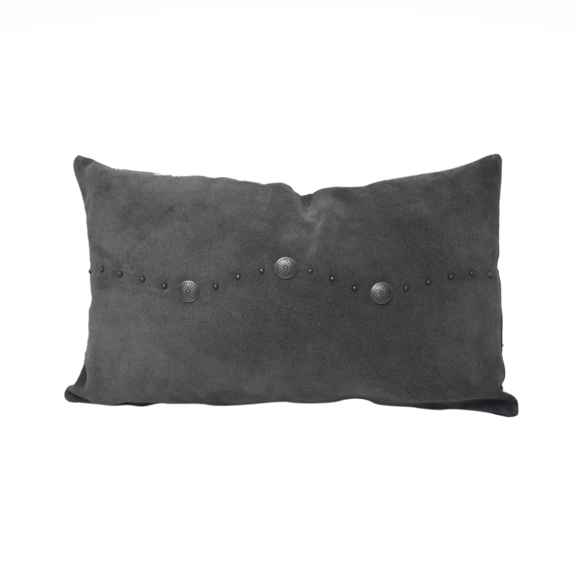 Western Suede Antique Silver Concho & Studded Lumbar Pillow Gray Leather Pillow