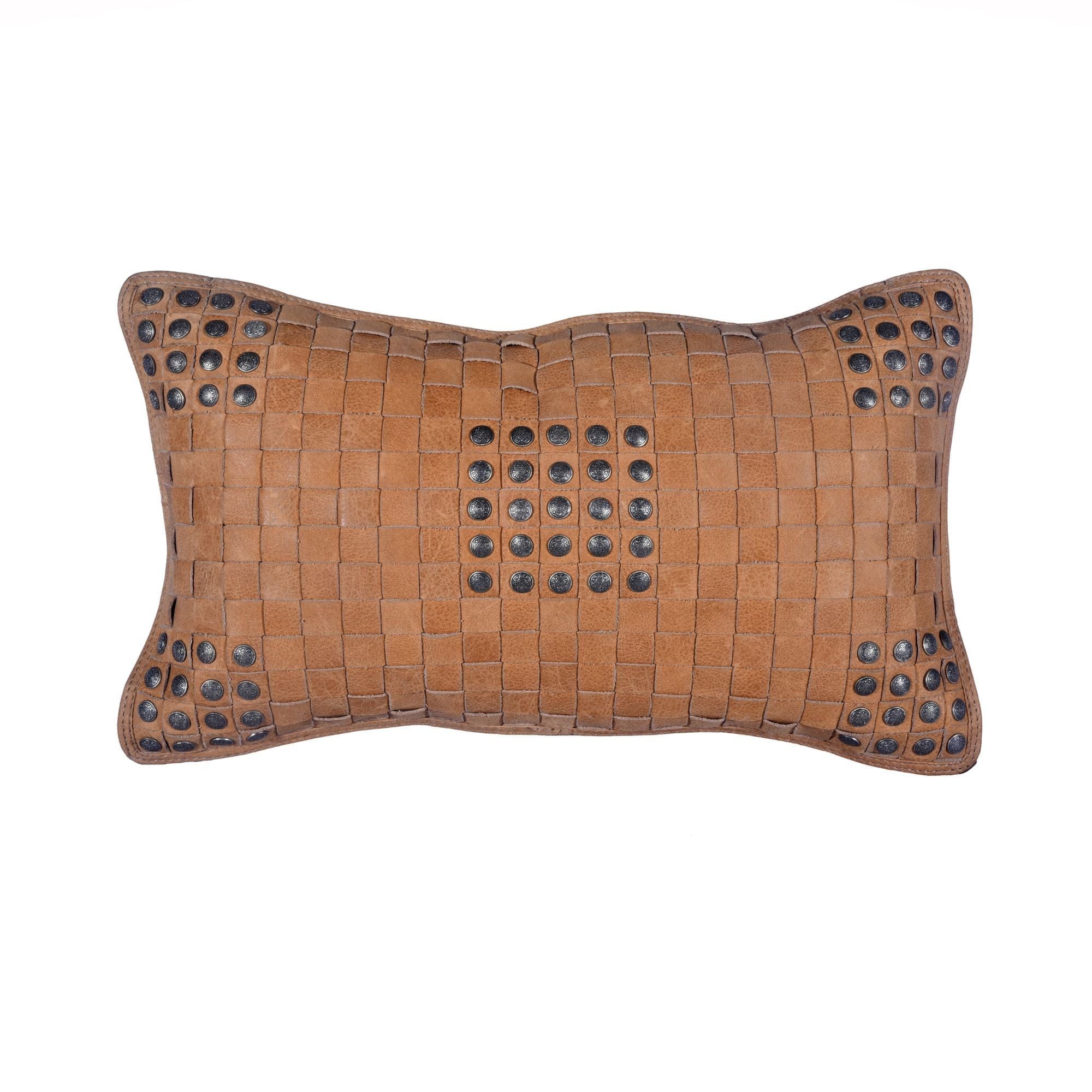 Soft Tan Basket Weave Genuine Leather Pillow With Stud Accents, 20x12 Leather Pillow