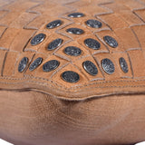 Soft Tan Basket Weave Genuine Leather Pillow With Stud Accents, 20x12 Leather Pillow