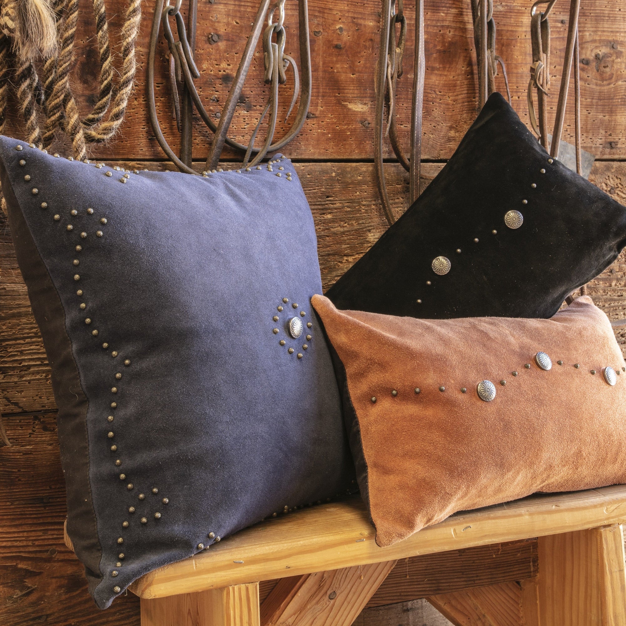 Western Suede Antique Silver Concho & Studded Lumbar Pillow Leather Pillow