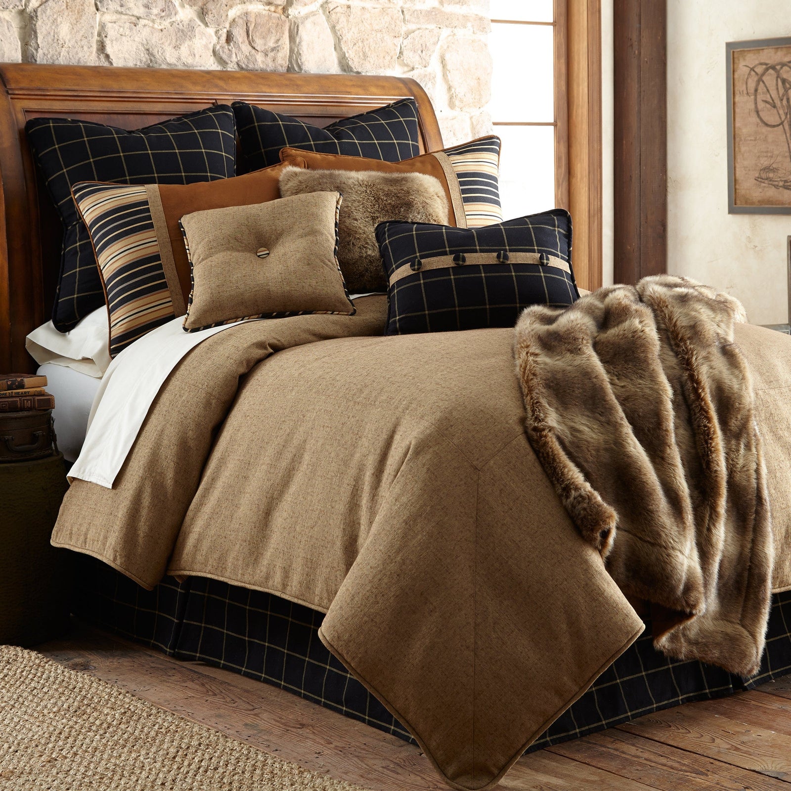 Ashbury Tufted Throw Pillow, Black & Tan Windowpane, 18x18 Pillow