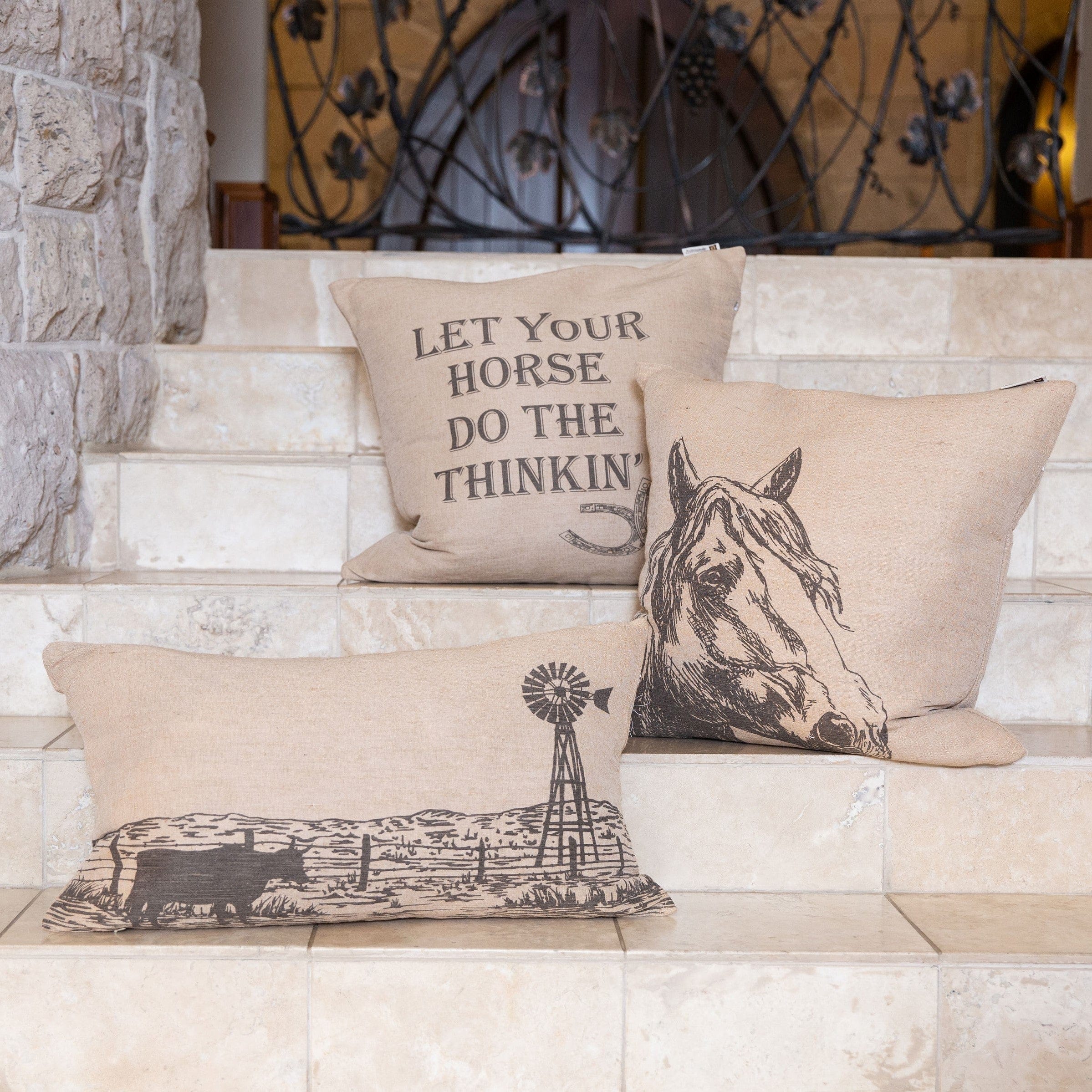 Burlap Horse Head Throw Pillow, 22x22 Pillow