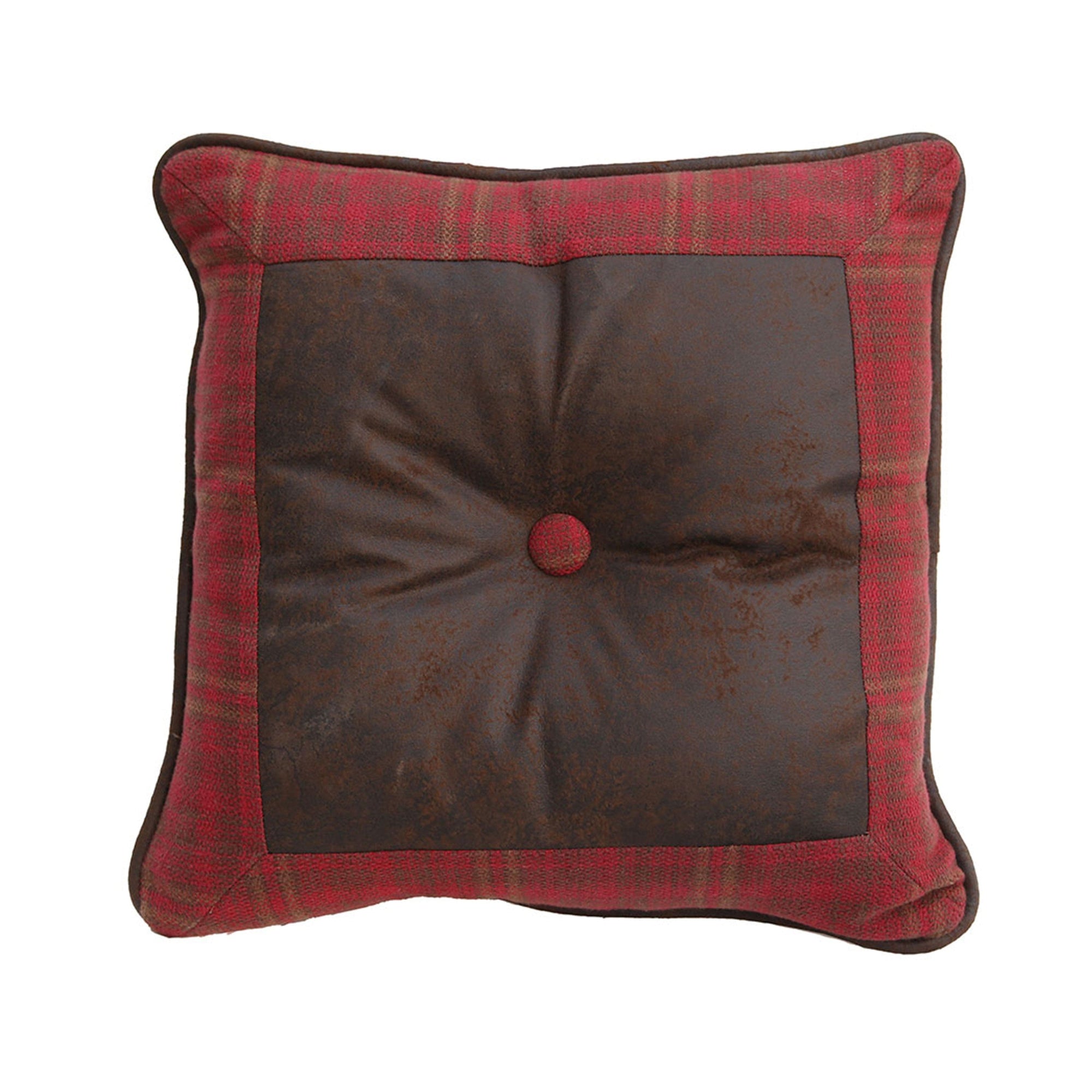 Cascade Lodge Red Plaid Throw Pillow w/ Faux Leather, 18x18 Pillow