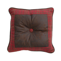 Cascade Lodge Red Plaid Throw Pillow w/ Faux Leather, 18x18 Pillow