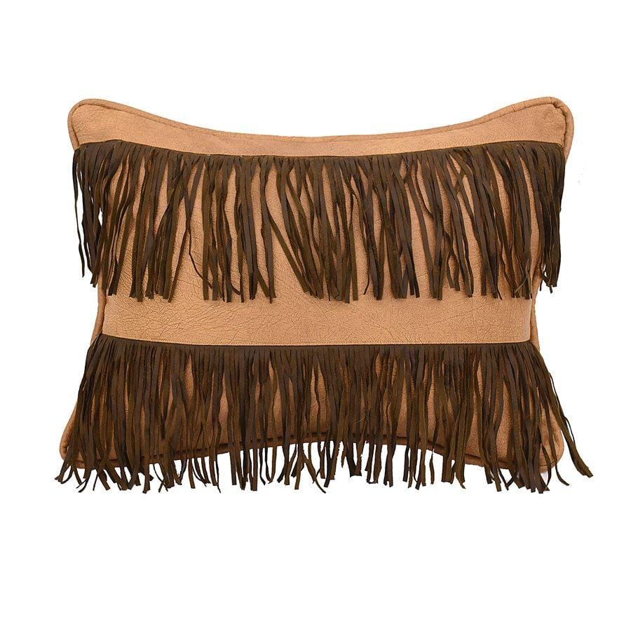 Double Row Fringe Throw Pillow, Tan Faux Leather Pillow