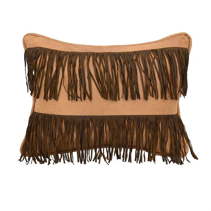 Double Row Fringe Throw Pillow, Tan Faux Leather Pillow