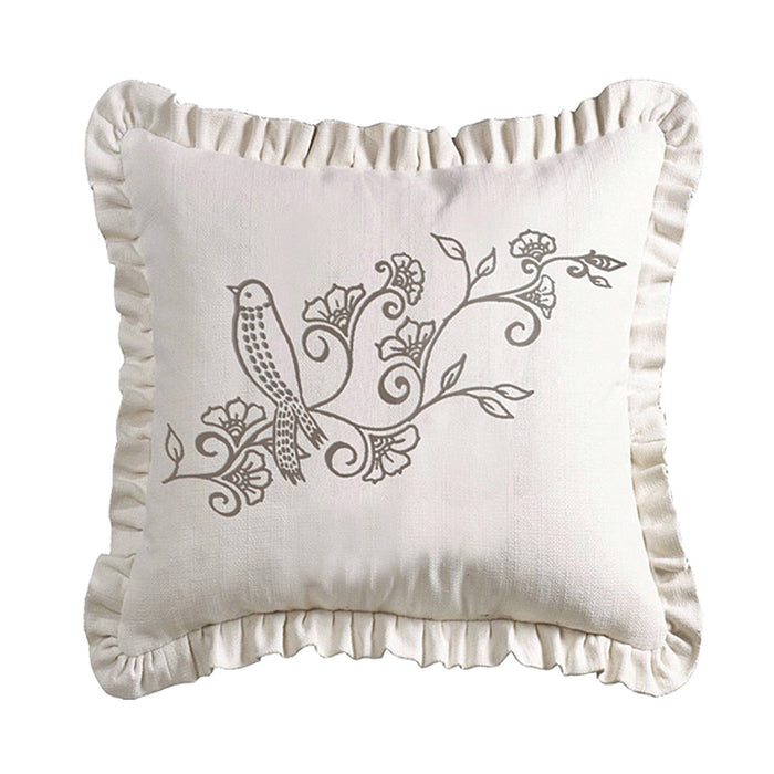Gramercy White Linen Weave Ruffled Pillow w/ Embroidery Detail, 20x20 Pillow