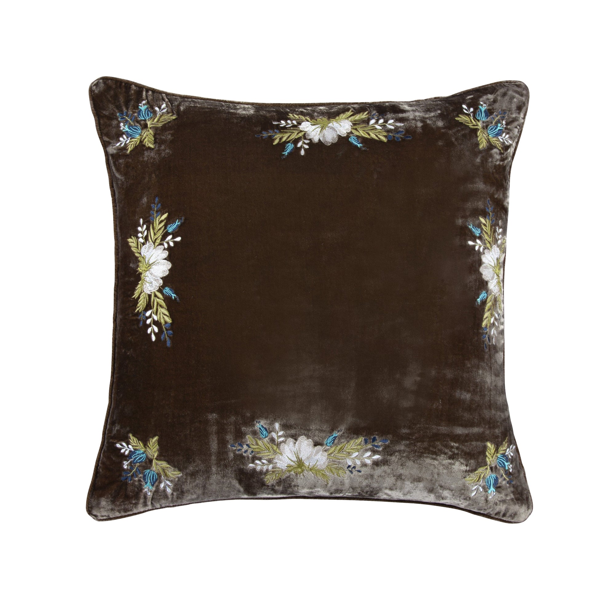 Stella Western Floral Embroidered Silk Velvet Pillow Green Ochre Pillow