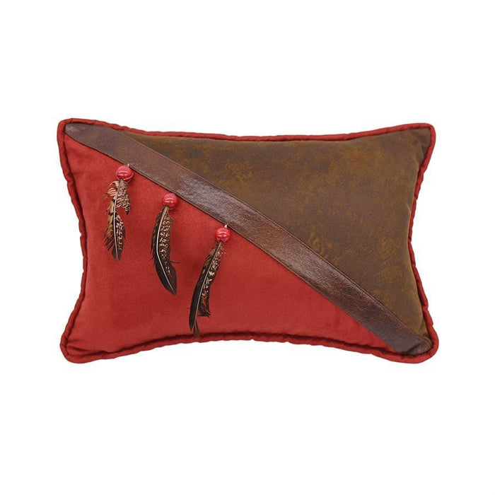 Half Red & Brown Faux Leather Pillow w/ Beads & Feathers Pillow