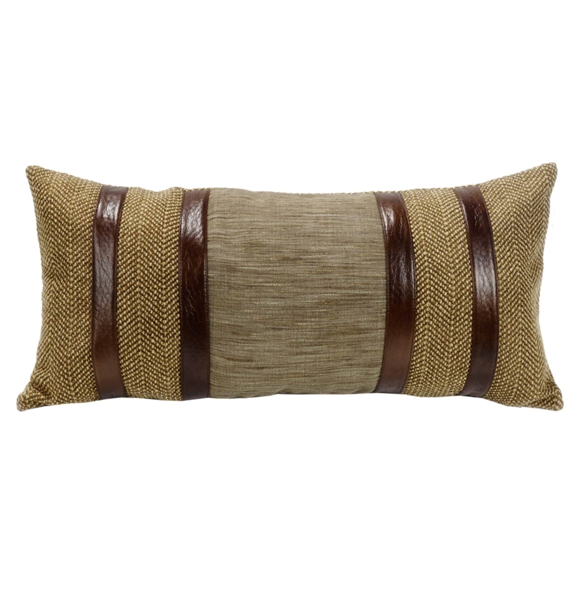 Highland Lodge Herringbone Lumbar Pillow w/ Faux Leather, 12x26 Pillow