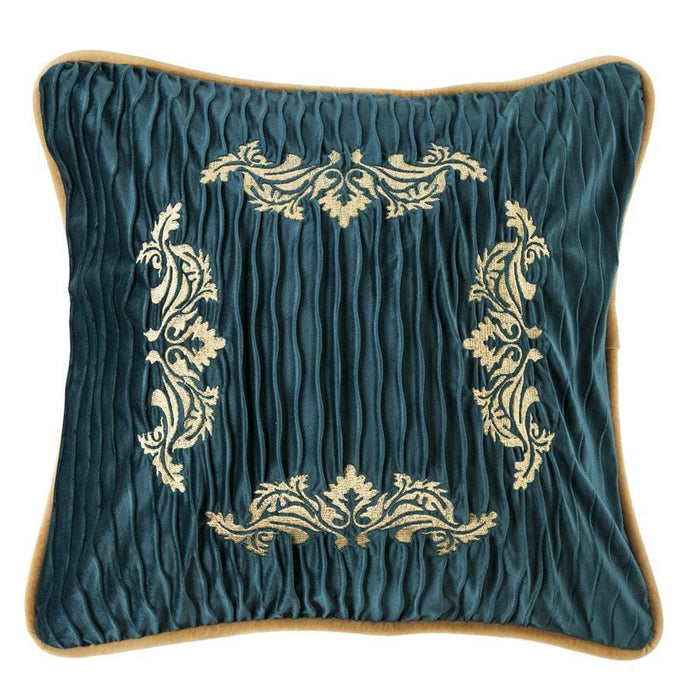 Loretta Teal Velvet Throw Pillow, Golden Scroll Embroidery Pillow