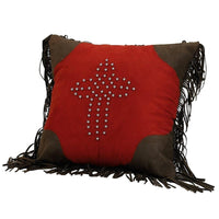 Red Studded Cross Pillow w/ Fringe, Faux Suede Pillow