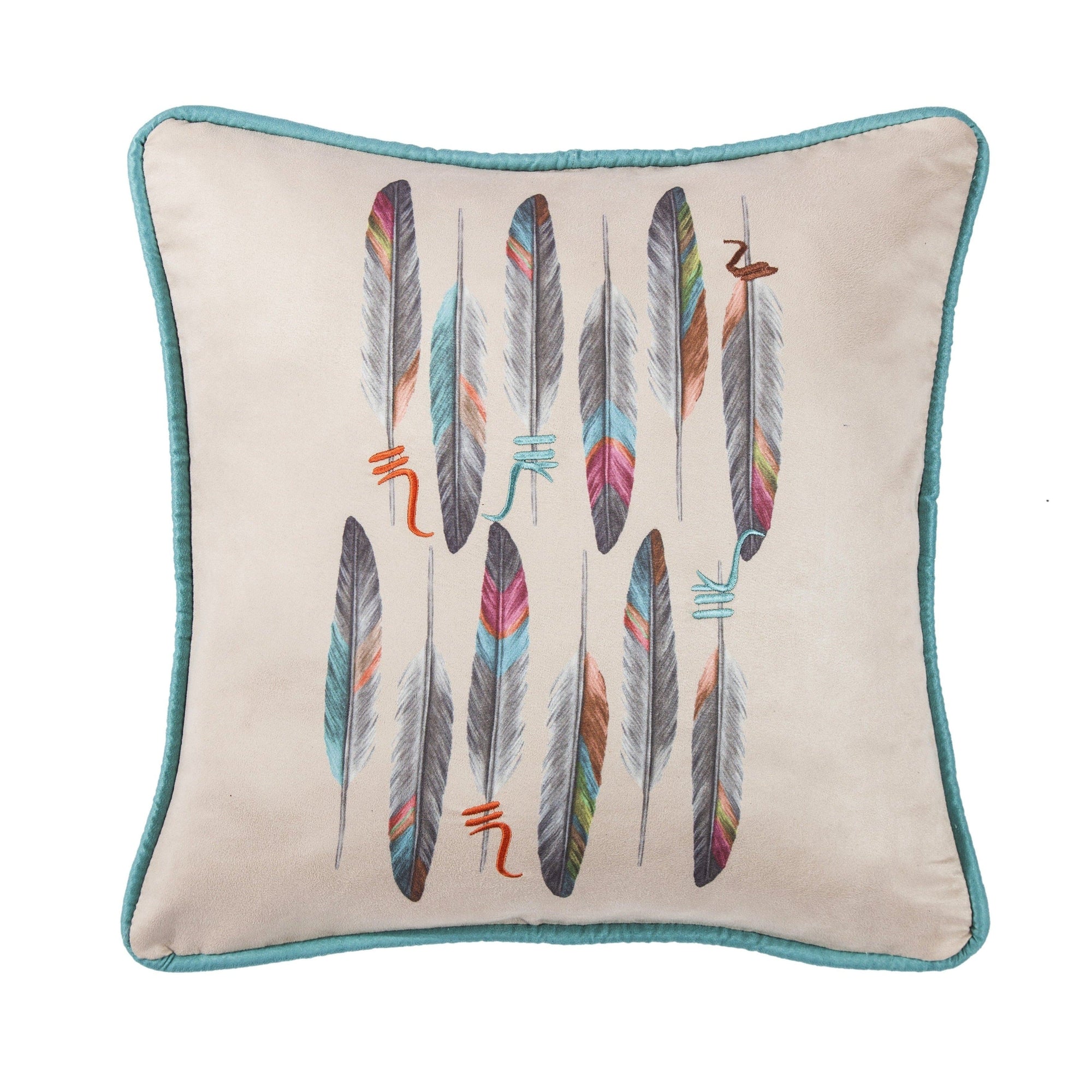 Serape Feather Design Pillow w/ Embroidery Details, 18x18 Pillow