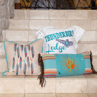 Serape Feather Design Pillow w/ Embroidery Details, 18x18 Pillow