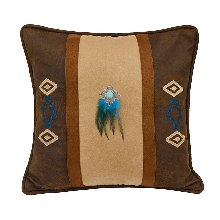 Tan & Turquoise Accent Pillow w/ Feathers Pillow