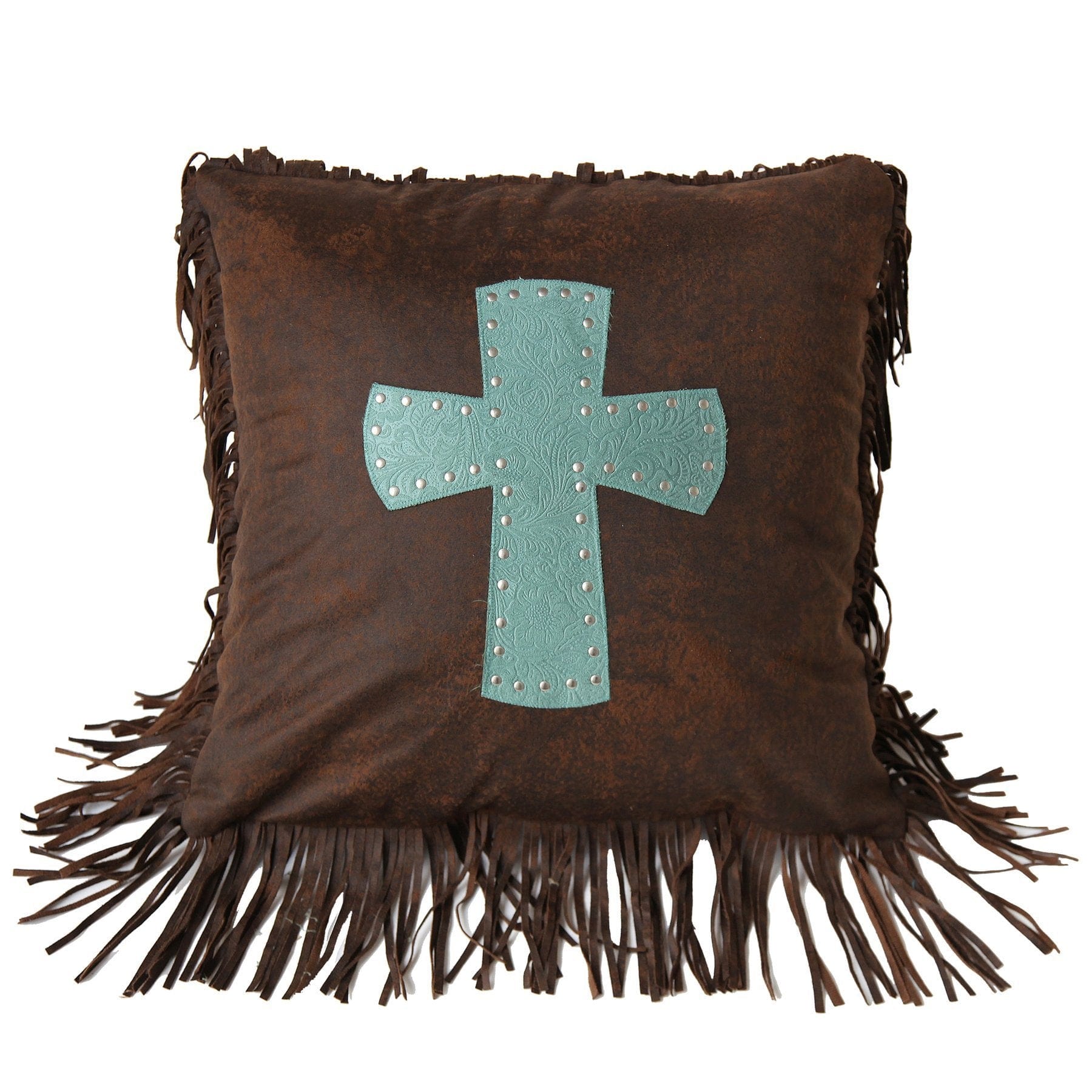 Cheyenne Tooled Leather Cross Throw Pillow, 2 Colors Turquoise Pillow