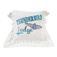 Turquoise Embroidered "Thunderbird Lodge" Linen Pillow, 18x18 Pillow