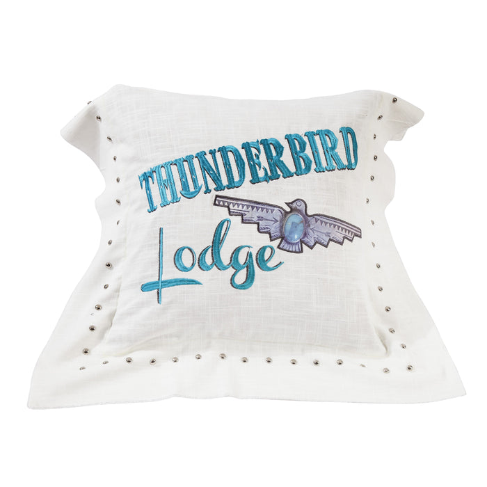 Turquoise Embroidered "Thunderbird Lodge" Linen Pillow, 18x18 Pillow