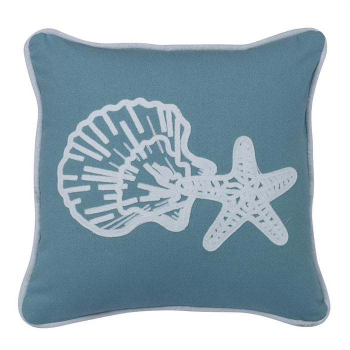 Catalina Aqua Linen Throw Pillow w/ Star & Shell Embroidery Sale-Pillow