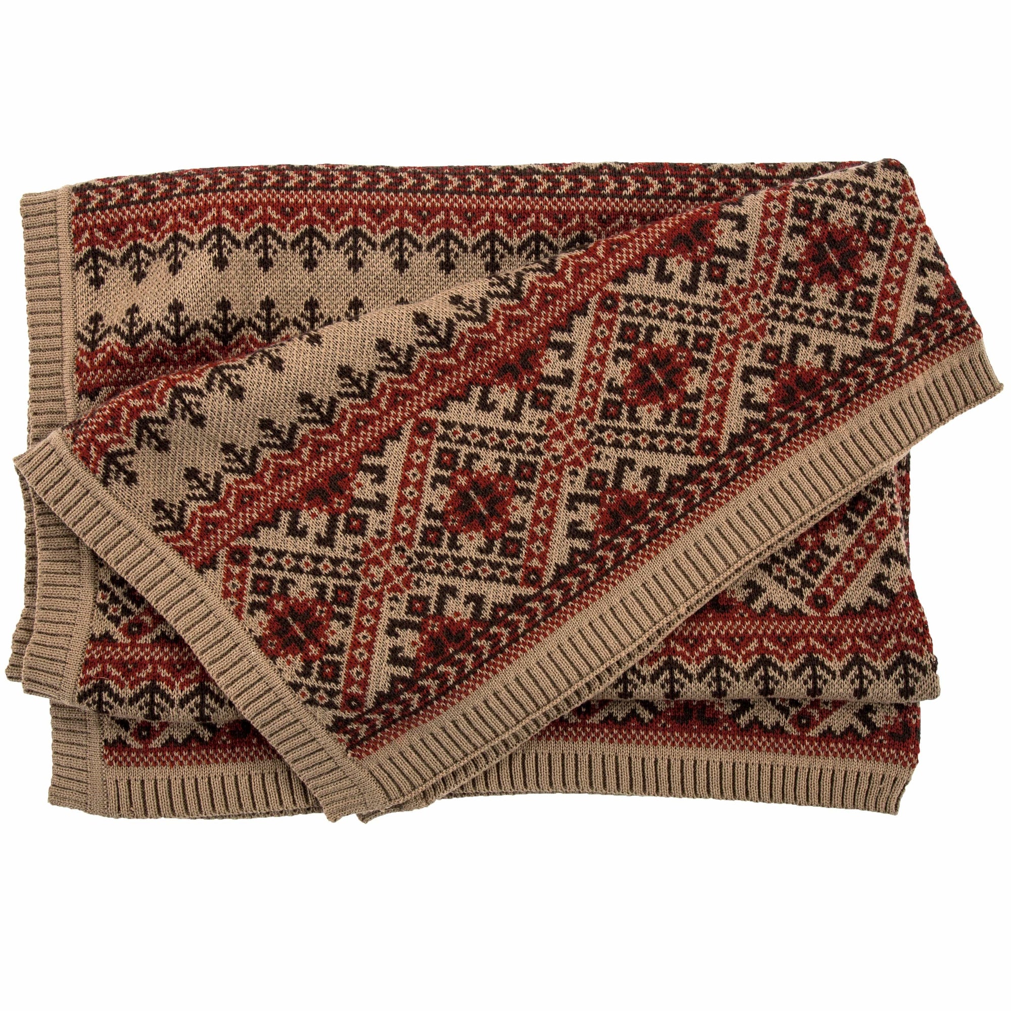 Fair Isle Red & Brown Knit Throw Blanket, 50x60 Throw