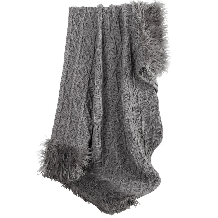 Nordic Cable Knit & Mongolian Fur Throw Blanket, 2 Colors, 50x80 Gray Throw