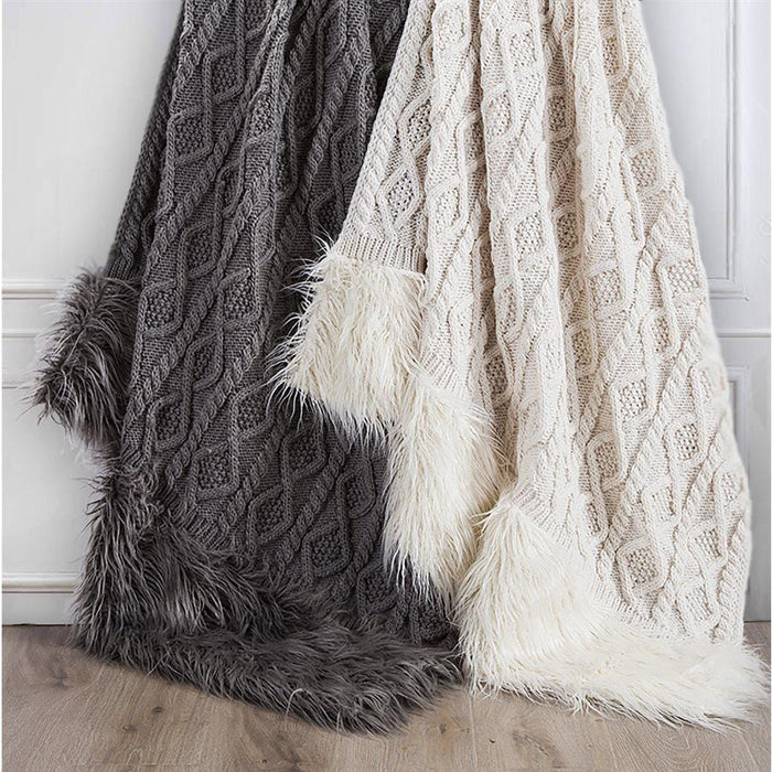 Nordic Cable Knit & Mongolian Fur Throw Blanket, 2 Colors, 50x80 Throw