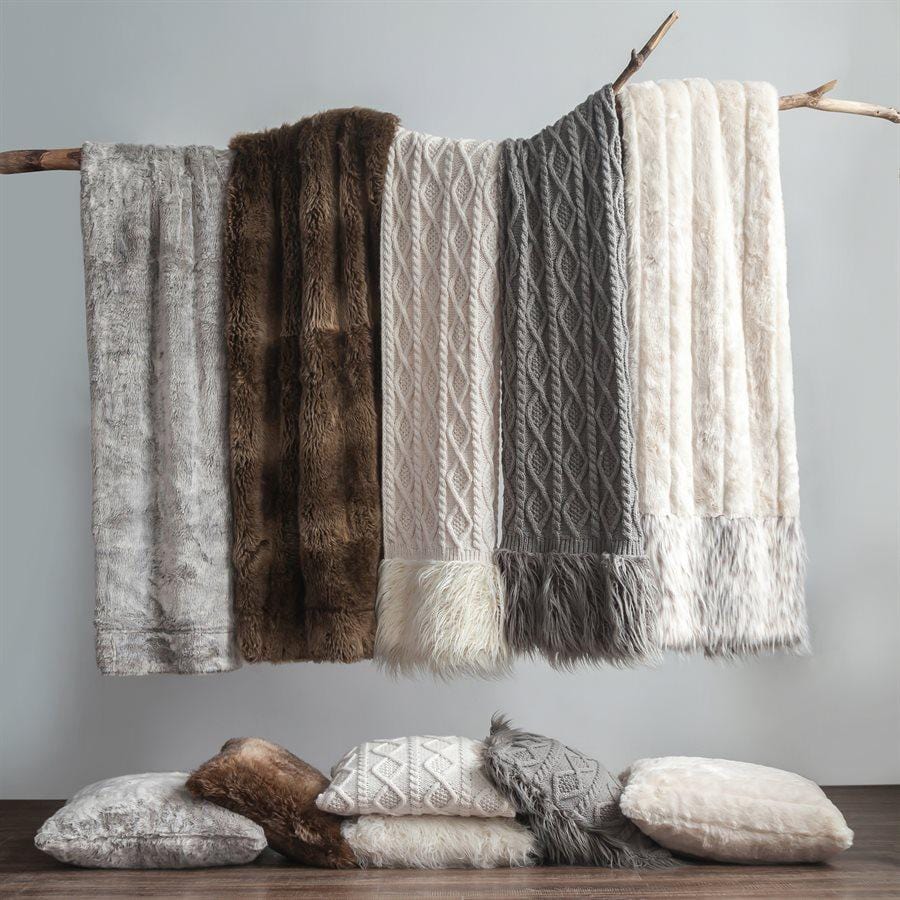 Nordic Cable Knit Mongolian Fur Throw Blanket, Gray Paseo Road