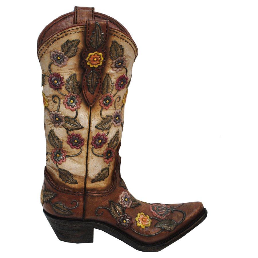 Flower Design Cowboy Boot Vase, Cream & Brown Vase