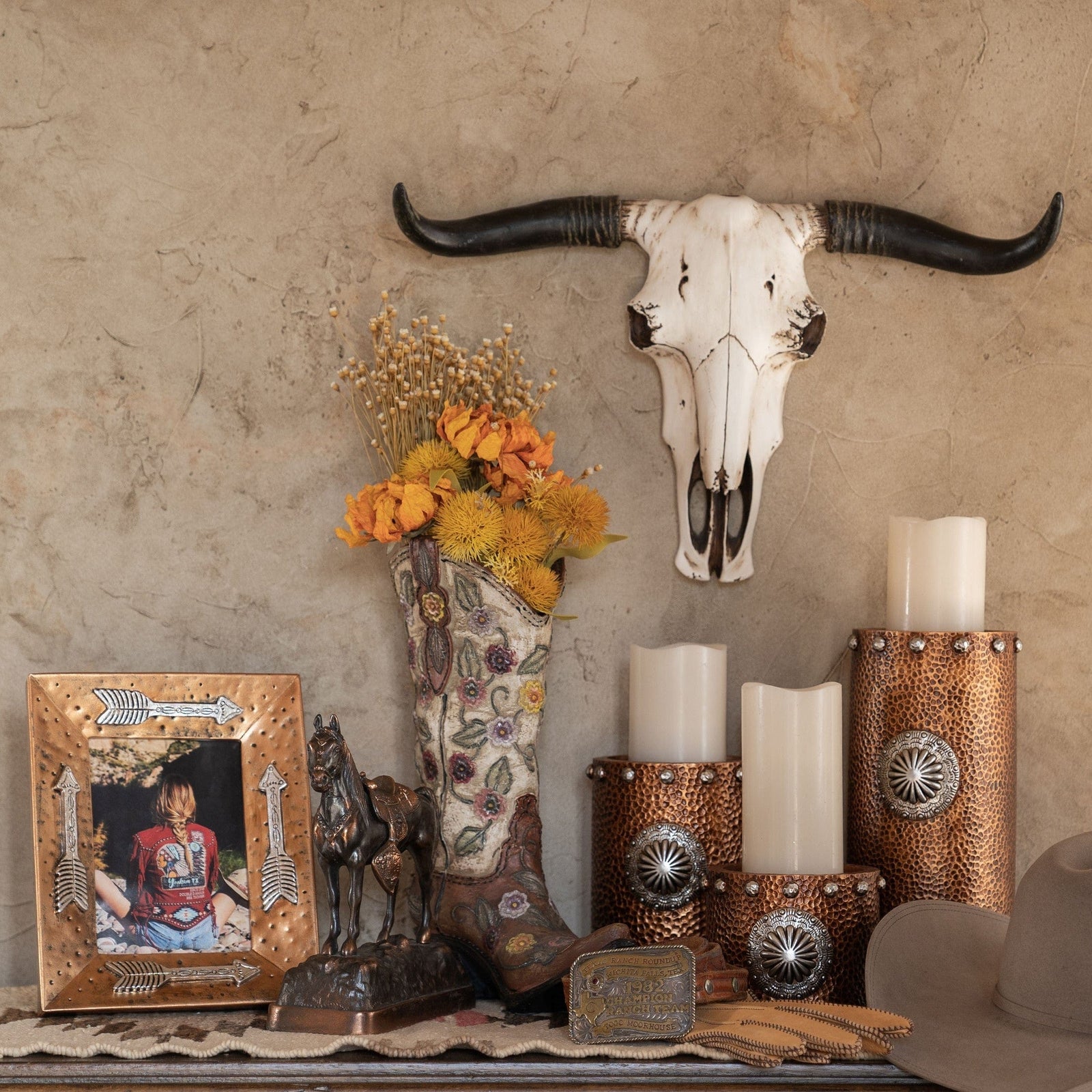 Flower Design Cowboy Boot Vase, Cream & Brown Vase