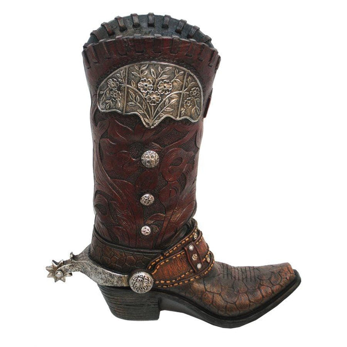 Tooled Leather Design (Resin) Cowboy Boot Vase w/ Metal Flower Vase