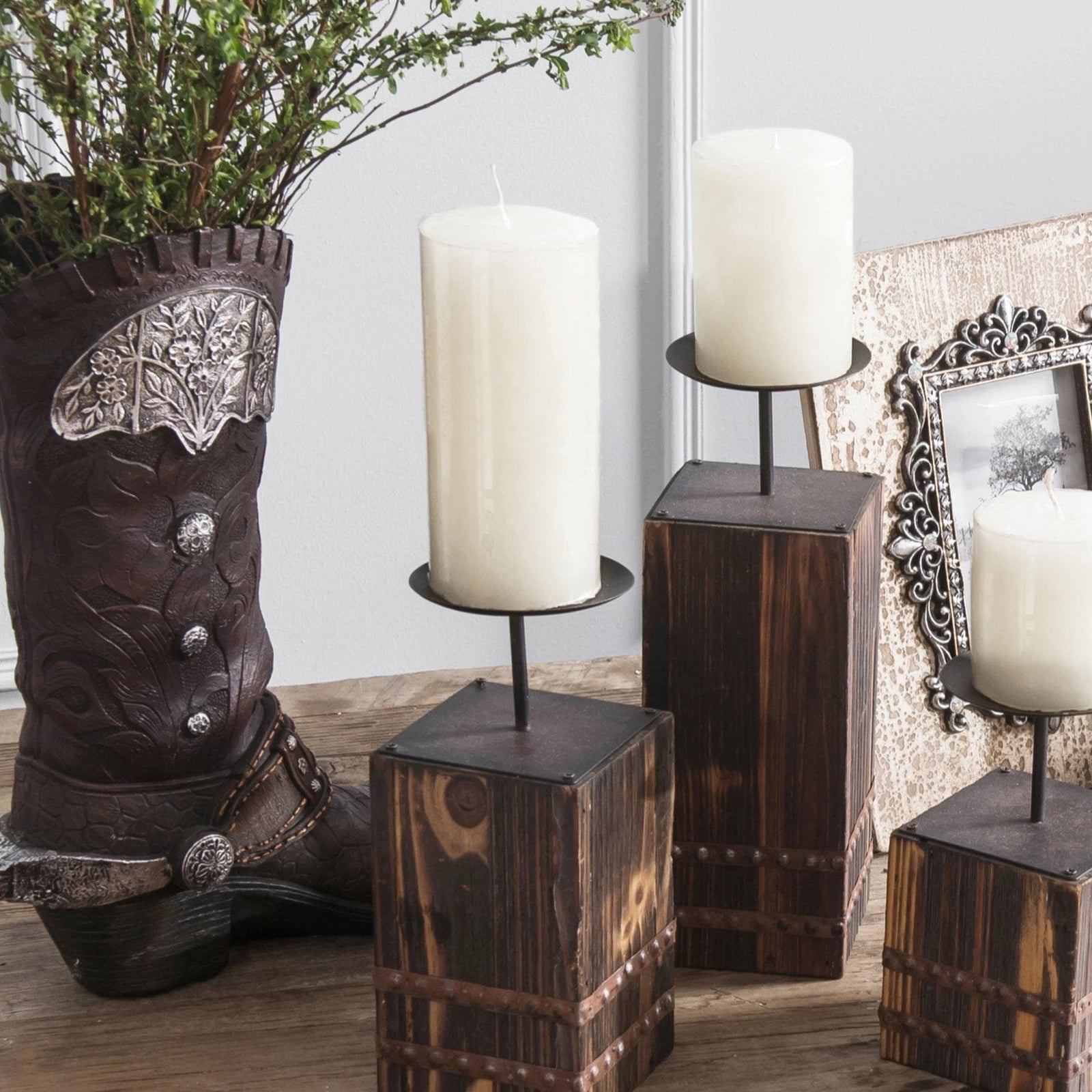 Tooled Leather Design (Resin) Cowboy Boot Vase w/ Metal Flower Vase