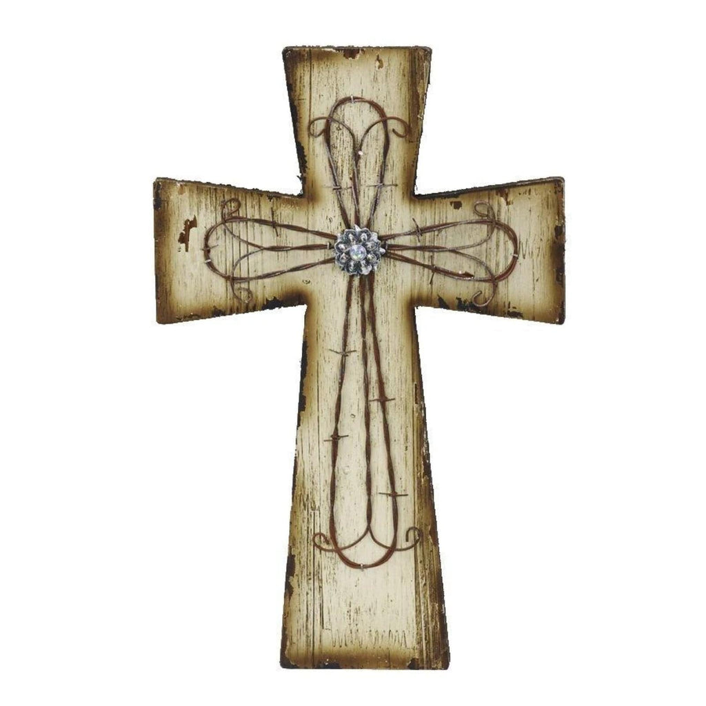 Cream Distressed Wood & Barbwire Cross Wall Decor Wall Decor