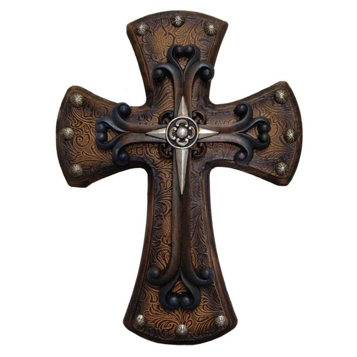 Studded Tooled Leather Wood Cross w/ Silver Cross Overlay Wall Decor
