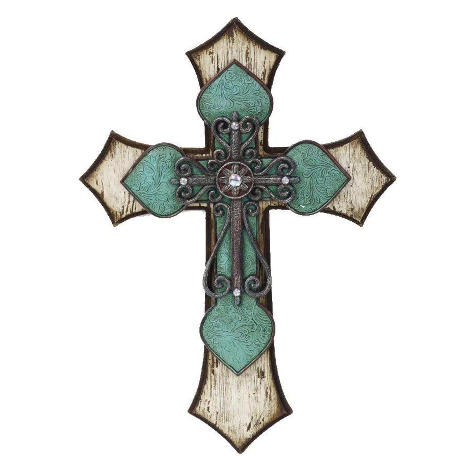 Triple-Layer Turquoise Cross Wall Decor w/ Metal Scrollwork Wall Decor