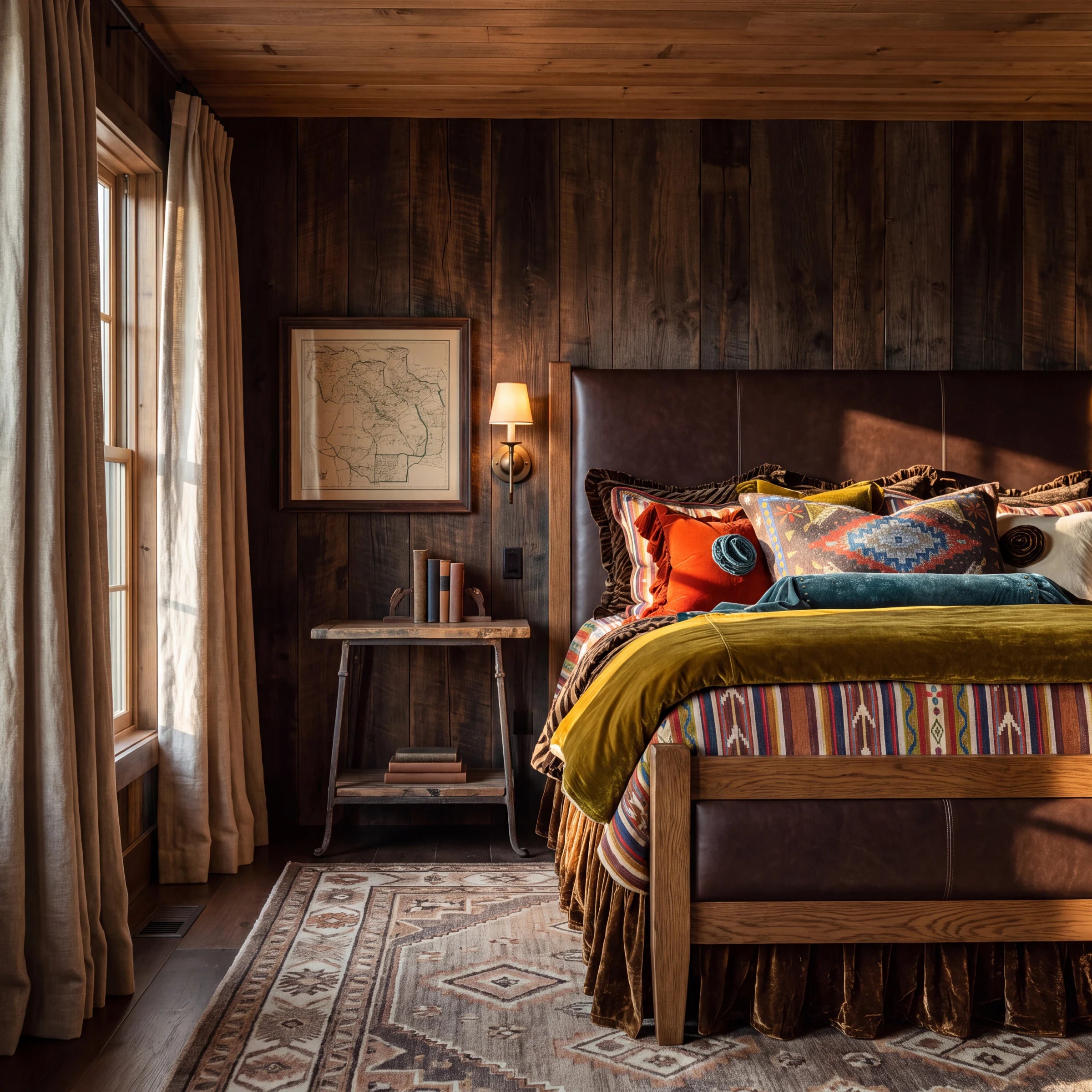 Moon Rein for Paseo Road bedding in a warm wood-paneled bedroom